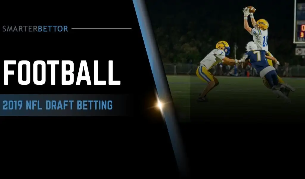 2019 NFL Draft betting graphic for online sportsbooks, featuring a stats-style branding element and draft-themed football background imagery (podium, draft card, or stage).