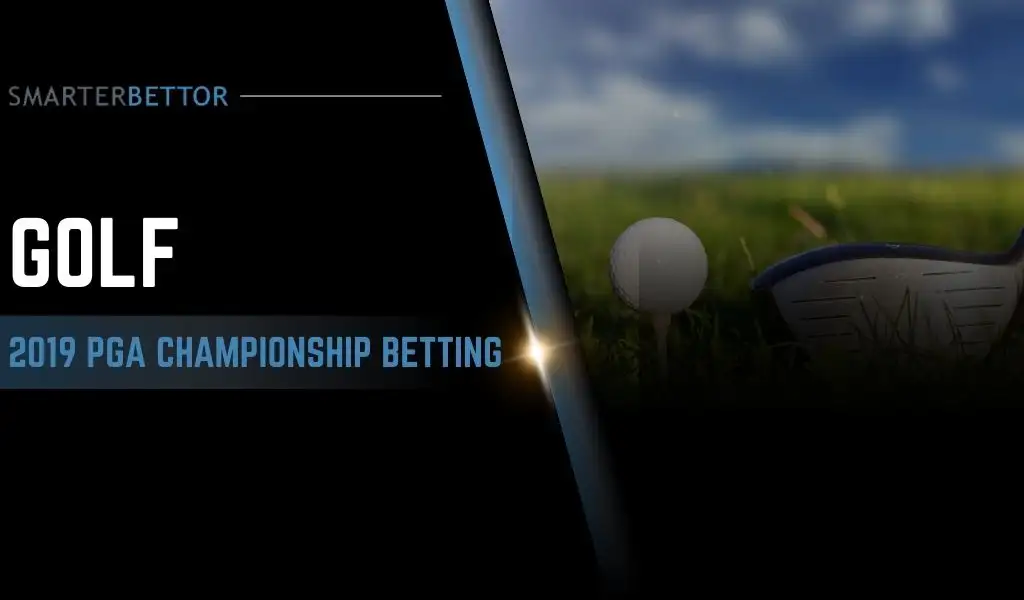 2019 PGA Championship betting preview graphic featuring a stats-style branding element and golf-themed background imagery (golfer swing or course).