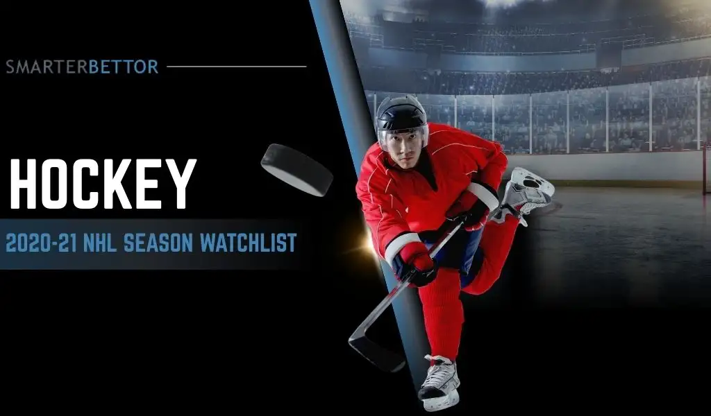 2020-21 NHL season watchlist graphic featuring a hockey-themed background, bold headline text, and on-ice action imagery representing key storylines to follow.
