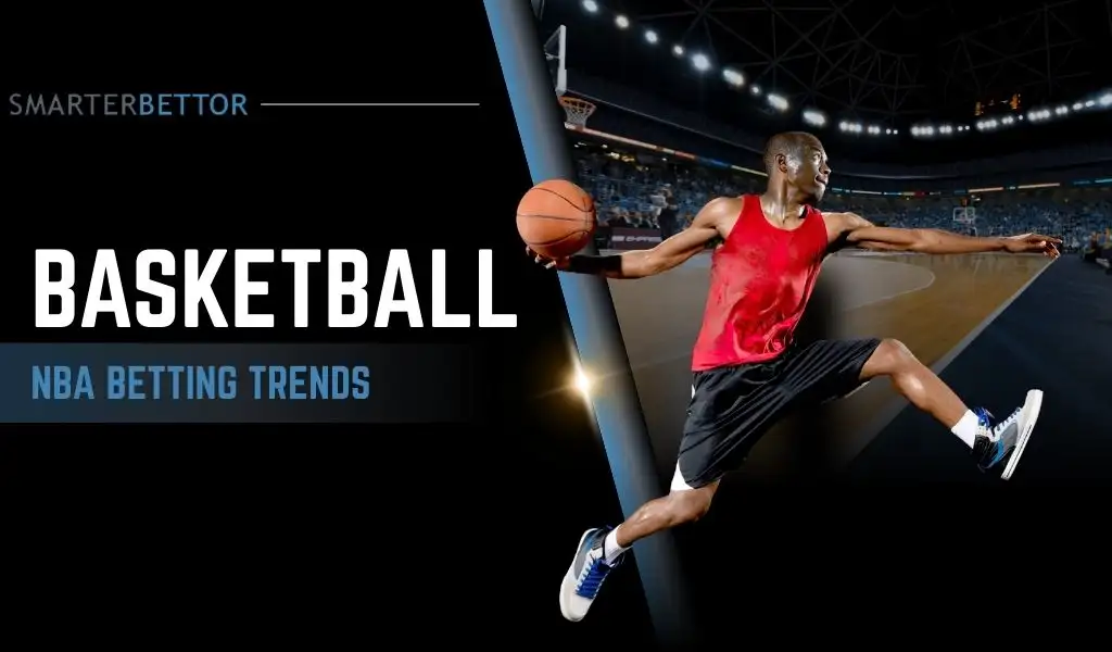 2021 NBA betting trends graphic with “Basketball” headline, “NBA Betting Trends” text, and an in-game basketball action scene on the right.