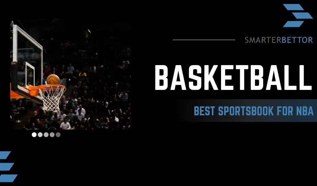 NBA sportsbook selection graphic about choosing the right sportsbook for the season, featuring a stats-style branding element and NBA-themed background imagery (basketball action/court).