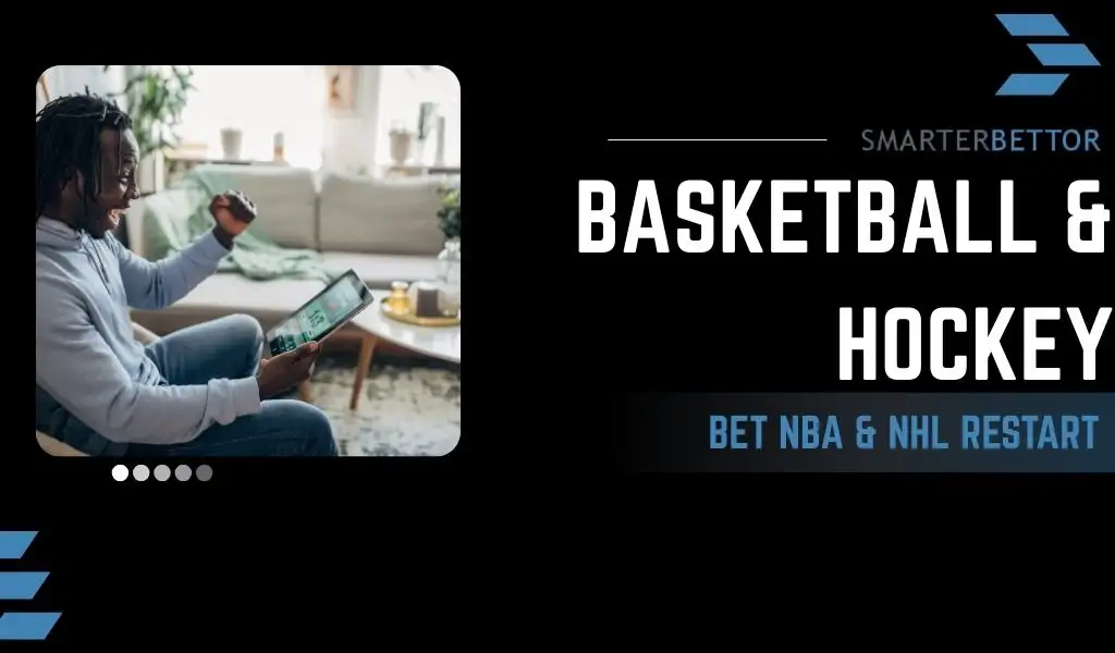 Promotional graphic for betting the NBA and NHL restart at America’s Bookie, featuring NBA and NHL branding, a sportsbook-style background, and a bold call-to-action headline.