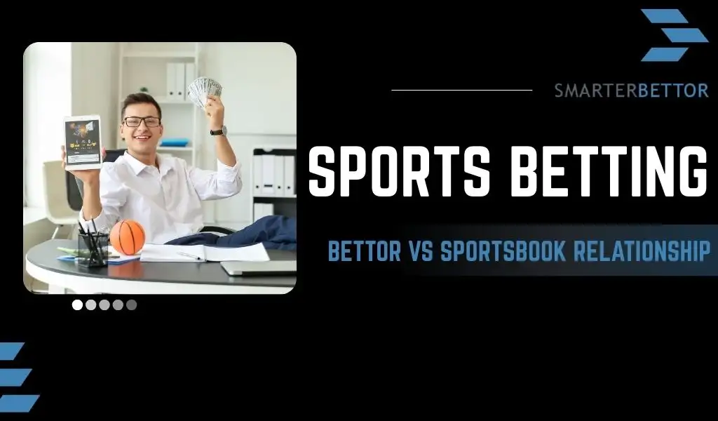 Sports betting explainer graphic about the relationship between bettors and online sportsbooks, featuring a stats-style branding element and sportsbook-themed background imagery (odds board or betting interface).