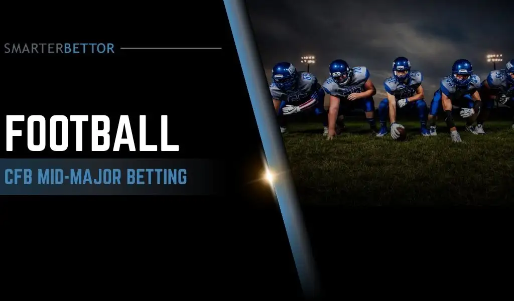 College football betting graphic focused on mid-major matchups, featuring a stats-style branding element and football-themed background imagery (stadium/action shot).