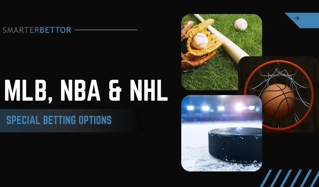 Daily MLB, NBA and NHL special betting options graphic featuring a bold headline, sportsbook-themed background, and sports action imagery representing daily special wager types across baseball, basketball, and hockey.