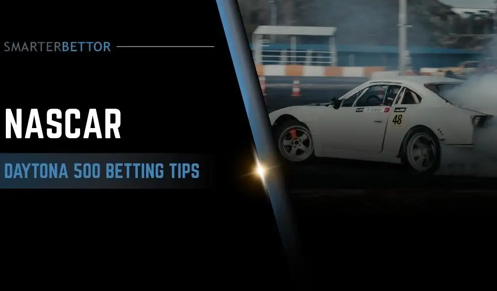 Daytona 500 betting graphic titled “How to Bet on Sports – Betting the Daytona 500,” featuring a stats-style branding element and NASCAR-themed background imagery (stock cars on track).