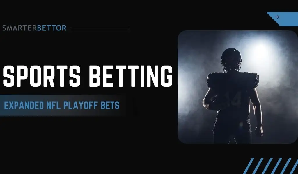 NFL playoff betting graphic highlighting expanded sportsbook betting options, featuring a stats-style branding element with football-themed background imagery.