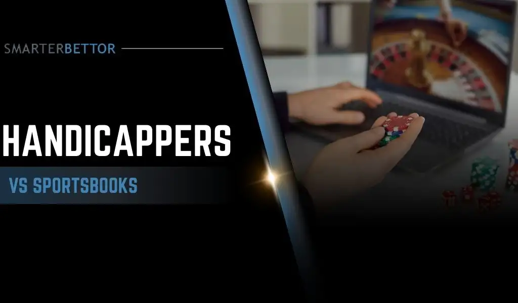Sports betting industry graphic about professional handicappers and online sportsbooks, featuring a stats-style branding element and sportsbook/handicapper-themed background imagery (odds screen, picks sheet).
