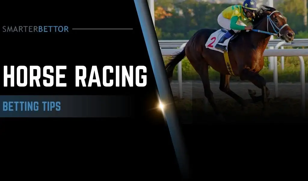 Horse racing betting tips graphic titled “How to Bet on Horses,” featuring a stats-style branding element and horse racing-themed background imagery (track, horses in motion).