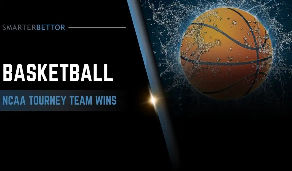 NCAA Tournament futures betting graphic focused on total team wins, featuring a stats-style branding element and March tournament-themed background imagery (bracket or college hoops action).