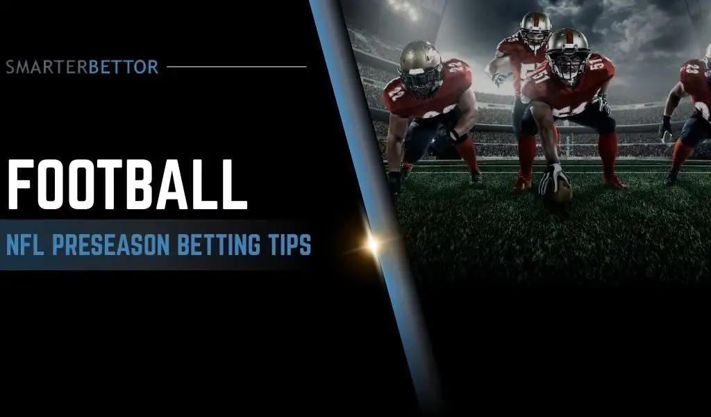 NFL preseason betting graphic with “Make Money This NFL Preseason” messaging, featuring a stats-style branding element and football-themed background imagery.
