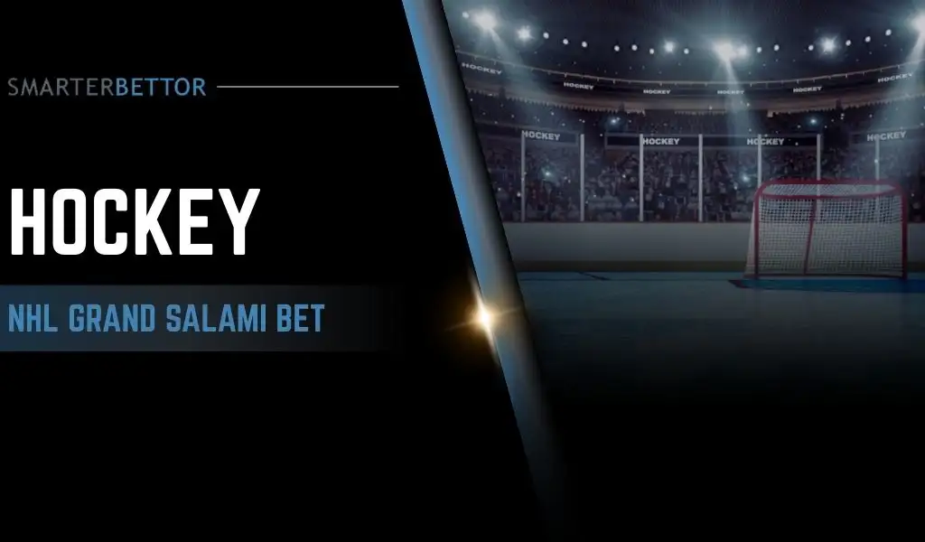 NHL betting explainer graphic about the Grand Salami wager, featuring a stats-style branding element and hockey-themed background imagery (rink, puck, or goalie action).