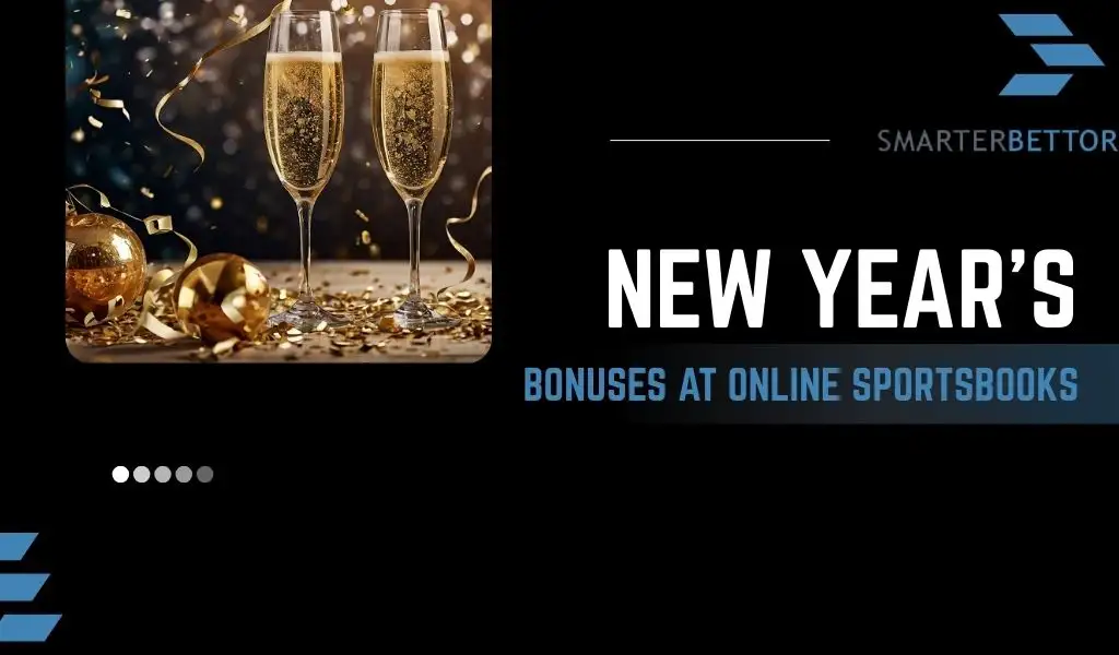 New Years bonuses at online sportsbooks graphic featuring a celebratory sports betting themed background, bold headline text, and imagery suggesting promotional bonus offers.