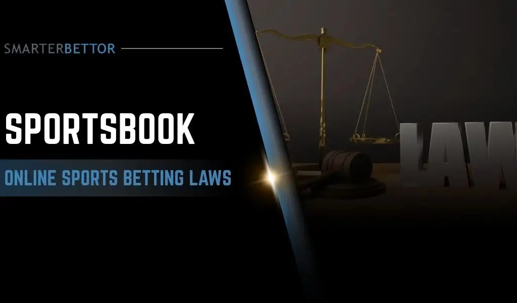 Legal guide graphic about the legalities of online sportsbook betting, featuring a stats-style branding element and law-themed background imagery (gavel, scales, or courthouse silhouette).