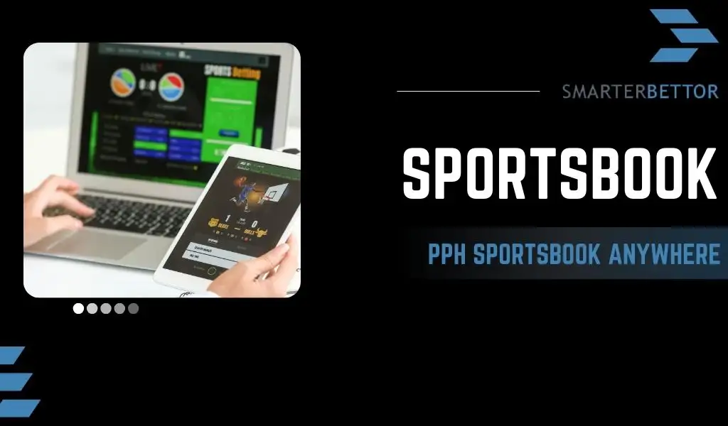 Pay-per-head sportsbook promotional graphic emphasizing availability anywhere, featuring a stats-style branding element and a location/online access themed background.