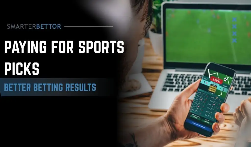 Pay for sports picks graphic featuring a bold headline about buying picks for better betting results, a sports betting themed background, and action imagery representing handicappers and premium pick services.