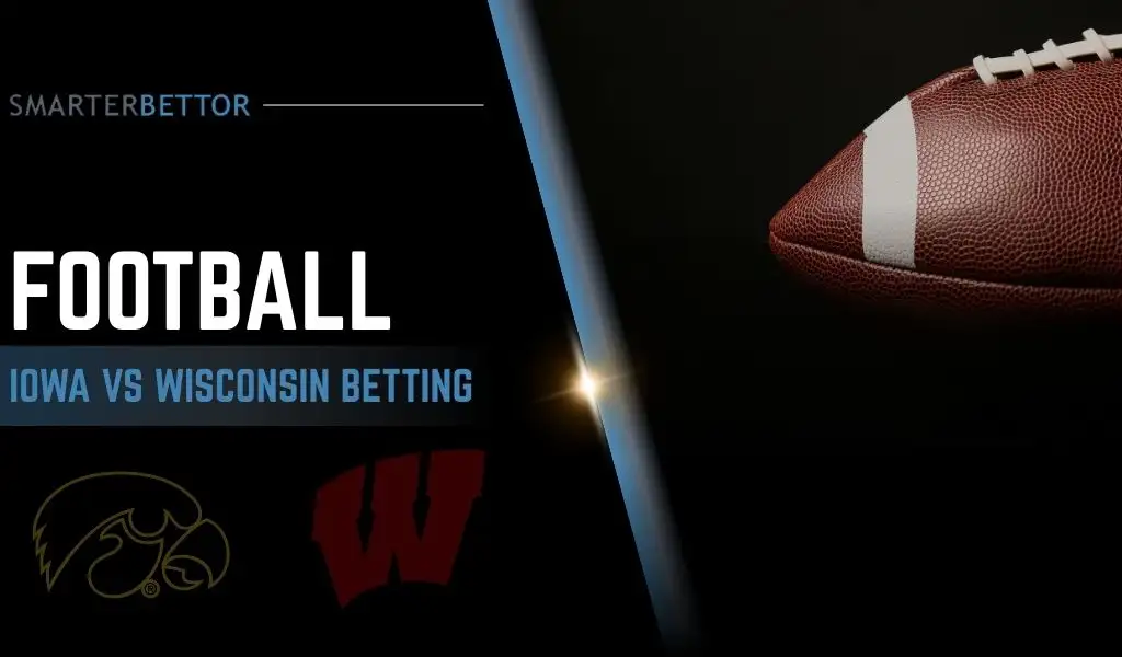 Iowa Hawkeyes vs. Wisconsin Badgers college football betting preview graphic featuring both team logos, a “Preview” stats logo, and an Iowa Hawkeyes in-game football action photo in the background.