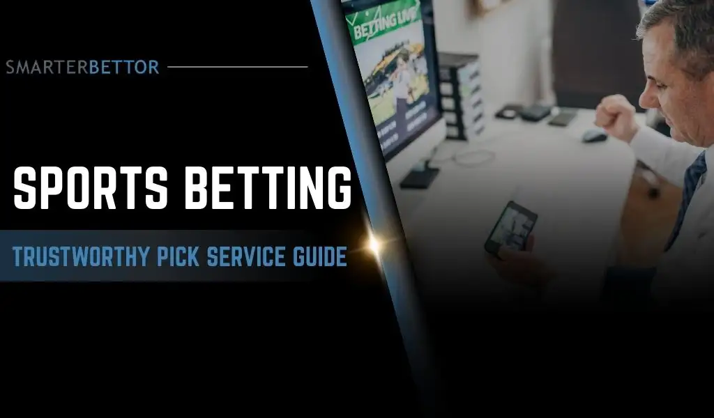 Sports betting guide graphic about finding a trustworthy pick service, featuring a stats-style branding element and credibility-themed background imagery (checkmark, shield, ratings, or review icons).